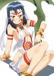  1girl barefoot blue_hair bodypaint bracelet breasts choker facepaint from_below headband highres jewelry kani_club long_hair looking_at_viewer navel neo_ranga shimabara_yuuhi sling_bikini_top smile solo tribal yellow_eyes 