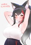  1girl animal_ear_fluff animal_ears armpits arms_behind_head black_hair black_skirt blush breasts brown_eyes closed_mouth gradient_hair grey_hair highres hololive kani_bonara large_breasts long_hair looking_at_viewer multicolored_hair ookami_mio ookami_mio_(5th_costume) ponytail red_hair shirt skirt sleeveless sleeveless_shirt smile solo streaked_hair virtual_youtuber white_shirt wolf_ears wolf_girl 