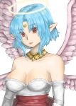  1girl bare_shoulders blue_hair breasts chickenkue cleavage closed_mouth dress elbow_gloves facial_mark feathered_wings filia_(star_ocean) forehead_jewel forehead_mark gloves halo highres jewelry looking_at_viewer pointy_ears red_eyes short_hair simple_background smile solo star_ocean star_ocean_the_second_story white_background wings 