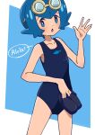  1girl :o animal_print bare_arms black_one-piece_swimsuit blue_background blue_eyes blue_hair border bright_pupils collarbone commentary_request fish_print goggles goggles_on_head hand_up highres holding holding_sandals lana_(pokemon) looking_at_viewer mizu_majuu_(waterman10) one-piece_swimsuit open_mouth pokemon pokemon_(anime) pokemon_sm_(anime) short_hair solo speech_bubble swimsuit white_border white_pupils 