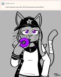  2023 anthro ask_blog baseball_cap black_pupils clothing cute_fangs dessert domestic_cat doughnut eating english_text face_mask felid feline felino felis female food front_view furgonomics greyscale half-closed_eyes hat headgear headwear hi_res holding_food holding_object jacket looking_at_viewer mammal monochrome narrowed_eyes onomatopoeia pupils purple_eyes shirt slit_pupils solo sound_effects spot_color stardust_(tricktrashing) tail tail_wraps text topwear whiskers wraps 