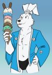  anthro black_clothing black_nose blue_clothing clothed clothing dessert food fur hi_res ice_cream ice_cream_cone lagomorph leporid male mammal miyamoto_usagi open_clothing open_topwear rabbit robe simple_background solo solo_focus symbol tied_ears top_knot topwear unsafescapewolf usagi_yojimbo white_body white_fur 