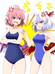  2girls ahoge anger_vein animal_ears artist_name bare_arms bare_legs bare_shoulders bird_ears bird_wings blue_hair blue_one-piece_swimsuit blush collarbone commission competition_swimsuit cowboy_shot grey_hair groin hair_between_eyes head_wings highres multicolored_hair multiple_girls mystia_lorelei one-piece_swimsuit open_mouth pink_eyes pink_hair red_wings rise_(rise19851203) school_swimsuit second-party_source short_hair signature single_head_wing skeb_commission swimsuit tokiko_(touhou) touhou two-tone_hair white_wings wings 