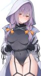  atsuko_(blue_archive) black_gloves blue_archive blush bow braid breasts cameltoe closed_mouth covered_navel gloves hair_bow halo head_tilt highres hood hood_up jacket large_breasts long_jacket looking_at_viewer orange_bow purple_hair red_eyes simple_background smile sweat thigh_gap thighs twin_braids v white_background white_hood white_jacket yuukun_mk-ii 