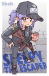  1girl adidas baseball_cap blush bocchi-ya-nawi brick_road coca-cola commission drink elf graffiti hat highres holding holding_drink kalashnikov_rifle original pointy_ears purple_eyes purple_hair shell_casing shoes skeb_commission sneakers solo track_suit 