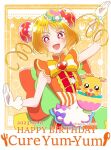  1girl apron back_bow blonde_hair bow brooch bun_cover character_name cure_yum-yum dated delicious_party_precure double_bun dress earrings gloves hair_bun hanamichi_ran heart heart_brooch huge_bow jewelry long_hair looking_at_viewer magical_girl mem-mem_(precure) open_mouth orange_dress precure red_eyes smile tanshi_tanshi triple_bun twitter_username white_gloves white_stripes 