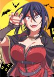  1girl :d arm_up bare_tree bat_(animal) black_cape black_thighhighs blue_hair breasts building cape cleavage collared_cape commentary_request dark_blue_hair dress fingernails full_moon halloween halloween_costume highres hitomi-chan_wa_hitomishiri large_breasts looking_at_viewer medium_hair moon nail natsumi_chorisuke open_mouth orange_background outdoors purple_eyes red_dress red_nails sharp_fingernails sharp_teeth shiny_skin sitting sleeveless sleeveless_dress smile solo takano_hitomi teeth thighhighs tree upper_body 