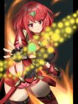 1girl armor black_gloves blurry blurry_background breasts chest_jewel cowboy_shot diamond_earrings earrings fingerless_gloves fire gloves highena highres impossible_clothes jewelry looking_at_viewer open_hand pyra_(xenoblade) red_eyes red_hair short_hair shoulder_armor solo swept_bangs tiara v-shaped_eyebrows xenoblade_chronicles_(series) xenoblade_chronicles_2 