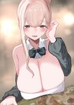  1girl bare_shoulders black_bow black_bowtie black_jacket blonde_hair blurry blurry_background blush bow bowtie breasts cleavage commentary_request detached_sleeves dress green_eyes hair_between_eyes hair_bun highres huge_breasts jacket long_sleeves looking_at_viewer mature_female open_mouth original sagging_breasts single_sidelock skindentation smile solo table white_dress yuzuki_himuka 