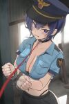  1girl black_collar black_pants blue_eyes blue_hair blurry blush breasts cleavage clenched_hands clenched_teeth collar commission crop_top cuffs depth_of_field hair_between_eyes handcuffs hands_up hat highres indoors large_breasts leash looking_at_viewer midriff navel original pants panty_straps peaked_cap police police_hat police_uniform short_hair solo stomach sweatdrop tears teeth twin_(tt_lsh) uniform v-shaped_eyebrows viewer_holding_leash window 