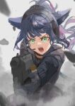  1girl absurdres animal_ears arknights black_hairband blurry cat_ears commentary_request crying gloves green_eyes grey_background gun hairband highres holding holding_gun holding_weapon hood hood_down hooded_jacket jacket jessica_(arknights) long_hair long_sleeves multicolored_hair open_mouth ponytail rock smoke solo tears teeth tongue upper_body uutan_(shibainu_kakumei) weapon 