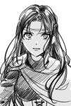  1girl cape circlet corset gensou_suikoden gensou_suikoden_i greyscale long_hair looking_at_viewer monochrome odessa_silverberg ruki_gnsi simple_background solo white_background 