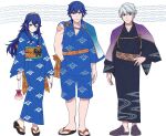  1girl 2boys alternate_costume ameno_(a_meno0) black_kimono blue_eyes blue_hair blue_kimono brown_eyes chrom_(fire_emblem) closed_mouth commentary father_and_daughter fire_emblem fire_emblem_awakening full_body hair_between_eyes hand_in_pocket hand_on_own_hip height_difference holding japanese_clothes kimono long_hair looking_at_viewer lucina_(fire_emblem) multiple_boys obi robin_(fire_emblem) robin_(male)_(fire_emblem) sandals sash short_hair single_sleeve smile symbol-only_commentary tiara white_hair yukata 
