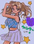  1990s_(style) 1girl aespa animification blonde_hair blue_shirt brown_eyes commentary cropped_shirt dated earpiece grey_background hair_behind_ear heart highres k-pop long_hair looking_to_the_side parted_bangs pleated_skirt real_life retro_artstyle shirt sketch skirt sleeveless sleeveless_shirt smile solo star_(symbol) symbol-only_commentary twintails white_skirt winter_(aespa) yum23930955 