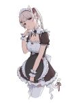  1girl alternate_costume animal_ear_fluff animal_ears apron bell black_corset black_ribbon breasts cat_ears cleavage corset enmaided frilled_apron frills hair_ornament hair_ribbon hairclip head_tilt highres holding holding_tray implied_tail_plug large_breasts long_hair looking_at_viewer maid maid_apron maid_headdress nijisanji official_alternate_costume open_mouth ppo495 puffy_short_sleeves puffy_sleeves red_eyes red_ribbon ribbon shiina_yuika shiina_yuika_(5th_costume) short_sleeves simple_background solo tail tail_bell tail_ornament tail_ribbon tray twintails virtual_youtuber white_apron white_background white_hair wrist_cuffs 