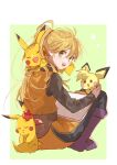  1girl :d bangs blonde_hair boots border commentary_request eyelashes green_background green_eyes long_hair long_sleeves marutoko45 open_mouth pants pichu pikachu pokemon pokemon_(creature) pokemon_adventures purple_footwear sitting sketchbook smile teeth tunic upper_teeth_only white_border yellow_(pokemon) 