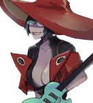 1girl black_gloves black_hair black_shirt breasts center_opening coattails commentary crop_top glasses gloves guilty_gear guilty_gear_strive hat holding_guitar i-no jacket large_breasts layered_sleeves lipstick makeup open_clothes open_jacket open_mouth ranko_no_ane red_headwear red_jacket red_lips round_eyewear shirt short_hair short_sleeves smile teeth upper_body white_background witch_hat yellow_eyes 
