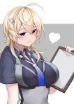  1girl absurdres ahoge blonde_hair blue_eyes blue_neckerchief blue_shirt breasts clipboard collared_shirt gradient_neckerchief heart highres jiangyou_dang kantai_collection large_breasts medium_hair military military_uniform neckerchief shirt solo tuscaloosa_(kancolle) uniform upper_body 