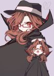  1girl absurdres black_cape black_headwear blush blush_stickers brown_hair buttons cape collared_cape glasses grey_background hat highres looking_at_viewer low_ponytail low_twintails medium_hair mizoreshi numbered open_mouth orange_eyes ponytail red-framed_eyewear semi-rimless_eyewear simple_background tongue touhou twintails usami_sumireko 