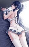  1girl absurdres alternate_costume bed_sheet black_hair blue_archive blue_eyes blush bra breasts commentary grey_bra grey_panties halo highres large_breasts lingerie looking_at_viewer looking_back lying nicky_w on_stomach panties pointy_ears ponytail rin_(blue_archive) scrunchie sidelocks solo thighhighs underwear white_thighhighs wrist_scrunchie 
