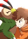  absurd_res anthro bandai_namco beak brown_body brown_feathers brown_hair digimon digimon_(species) digimon_survive duo eyes_closed falcomon feathers hair hi_res human male mammal minoru_hyuga mofumi_corvus smile 