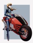  1980s_(style) 1girl armor blue_background border brown_hair bubblegum_crisis full_armor full_body helmet highres holding holding_helmet liqueur_(retroot1) long_hair motor_vehicle motorcycle on_motorcycle outside_border power_armor priscilla_asagiri retro_artstyle simple_background solo unworn_headwear unworn_helmet vehicle_focus white_border 