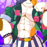  1:1 abs anthro calico_cat clothing digital_media_(artwork) domestic_cat epic_games felid feline felis fizzyjay fortnite fur hair hi_res looking_at_viewer male mammal meowscles muscular muscular_anthro muscular_male pecs purradise_meowscles simple_background smile solo 