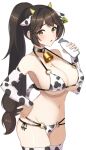  1girl animal_ears animal_print bell bikini black_choker breasts brown_eyes brown_hair choker cow_ears cow_horns cow_print cow_tail cowbell cowboy_shot dolphin_wave ear_tag fake_animal_ears fake_horns fake_tail high_ponytail highres horns large_breasts long_hair mole mole_under_mouth navel neck_bell print_bikini simple_background skindentation surippa1010 swimsuit tail thighhighs very_long_hair white_background yabame_yume 