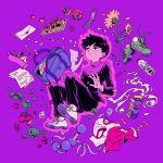  1boy aryll_(marbles) bag black_eyes black_hair black_pants bottle broccoli envelope eraser flower food highres kageyama_shigeo long_sleeves male_focus marker milk mob_psycho_100 pants paper pencil_skirt phone purple_background school_bag school_uniform shirt shoelaces shoes skirt tape telekinesis tomato water_bottle 