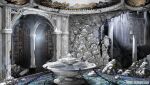 arch bookshelf broken_pillar broken_wall bungou_to_alchemist chain copyright crack dome fountain icicle indoors library no_humans official_art pillar rubble ruins scenery snow snowing stairs 