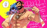  1boy 1girl abs arm_hair armpit_hair bara beard body_hair chest_hair facial_hair graves_(league_of_legends) grin hair_slicked_back hairy hand_up headphones jewelry karipaku large_pectorals league_of_legends lulu_(league_of_legends) male_focus mature_male muscular muscular_male mustache navel_hair necklace nipples official_alternate_costume pectorals pink_background short_hair smile stomach thick_eyebrows thought_bubble towel upper_body wet 
