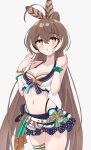  1girl :o absurdres ahoge arms_up bikini blue_skirt blush bow brown_eyes brown_hair crossed_bangs feather_hair_ornament feathers fingernails front-tie_bikini_top front-tie_top hair_ornament highleg highleg_bikini highres hololive hololive_english hololive_summer_2023_swimsuit layered_bikini long_hair looking_at_viewer magui3 multicolored_hair nanashi_mumei navel official_alternate_costume open_mouth overskirt ponytail skirt streaked_hair striped striped_bikini swimsuit thigh_strap very_long_hair virtual_youtuber waist_bow white_bikini 