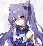 1girl bow bright_pupils closed_mouth cone_hair_bun detached_sleeves dress genshin_impact hair_between_eyes hair_bow hair_bun highres indonesian_commentary jewelry keqing_(genshin_impact) long_hair looking_at_viewer neck_tassel necklace portrait purple_bow purple_dress purple_eyes purple_hair shiroi_ou signature smile solo twintails white_pupils zoom_layer 