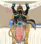  anthro anus balls big_balls big_penis birthday birthday_cake blue_paws bodily_fluids caelus cake canid canine canis chaosdraws cum dessert duo excessive_cum excessive_genital_fluids felid food gabriel_fahn gaping gaping_anus genital_fluids genitals gift hi_res huge_balls huge_penis hyper hyper_balls hyper_genitalia hyper_penis lion male male/male mammal pantherine paws penis text wolf 