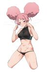  absurdres afro_puffs arms_up black_panties black_shirt blush breasts chuatury_panlunch clenched_hands covered_nipples crop_top cropped_legs dated gundam gundam_suisei_no_majo halter_shirt halterneck highres medium_breasts midriff navel open_mouth panties pink_eyes pink_hair ripe.c shiny_skin shirt simple_background sleeveless sleeveless_shirt steaming_body stomach sweat underwear white_background 