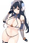  1girl alice_gear_aegis armor bikini bikini_armor black_hair blush breasts curvy hair_ornament highres kagome_misaki kakerayuri large_breasts long_hair looking_at_viewer mole mole_under_eye navel purple_eyes simple_background solo swimsuit thick_thighs thigh_strap thighs white_background 