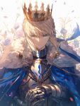  1girl armor artoria_pendragon_(fate) backlighting blonde_hair blue_cape blue_ribbon braid cape chain commentary crown fate/stay_night fate_(series) flower french_braid fur-trimmed_cape fur_trim gauntlets green_eyes hair_ribbon highres looking_at_viewer ribbon saber sidelocks solo tarte_(hodarake) upper_body 