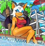  2022 absurd_res anthro bat blue_eyeshadow breasts cleavage clothed clothing eyeshadow female green_eyes hair hi_res lifeguard makeup mammal membrane_(anatomy) membranous_wings one-piece_swimsuit poolside red_clothing red_one-piece_swimsuit red_swimwear rouge_the_bat sega short_hair smile solo sonic_the_hedgehog_(series) swimming_pool swimwear tomaruchi water white_hair wings 