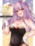  1girl animal_ears aridamikannn bare_shoulders breasts bunny_day cleavage covered_navel cup drinking_glass fishnets gloves highres holding holding_tray long_hair open_mouth pantyhose playboy_bunny rabbit_ears redrawn reisen_udongein_inaba solo tail touhou tray very_long_hair white_gloves 