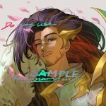  1boy bangs black_hair brown_eyes brown_hair facial_hair grey_background league_of_legends long_hair male_focus michiii multicolored_hair mustache official_alternate_costume one_eye_closed portrait sample_watermark scar scar_on_face scar_on_nose solo stubble truth_dragon_yasuo yasuo_(league_of_legends) 