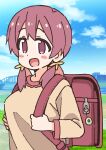  1girl :d aged_down backpack bag bangs blue_sky blush_stickers breasts brown_eyes brown_hair cloud commentary crime_prevention_buzzer day holding_strap long_hair long_sleeves looking_at_viewer low_twintails medium_breasts murosaki_miyo nekotoufu official_art onii-chan_wa_oshimai! open_mouth oppai_loli outdoors randoseru sky smile solo twintails upper_body 