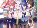  4girls alternate_costume anniversary azur_lane baltimore_(after-school_ace)_(azur_lane) baltimore_(azur_lane) black_choker black_necktie black_pantyhose black_skirt blue_hair blue_nails bow bowtie bra bra_peek braid breast_pocket breasts bremerton_(azur_lane) brown_hair cardigan cardigan_around_waist chalkboard choker cleavage clothes_around_waist collarbone collared_shirt cowboy_shot english_text french_braid grey_hair gyaru hair_between_eyes headgear heart heart_necklace highres huge_breasts indoors jewelry kearsarge_(azur_lane) kogal light_blush looking_at_viewer loose_bowtie loose_necktie manjuu_(azur_lane) meowfficer_(azur_lane) miniskirt multicolored_hair multiple_girls nail_polish necklace necktie new_jersey_(azur_lane) official_alternate_costume one_eye_closed open_mouth panty_straps pantyhose partially_unbuttoned pink_bow pink_bowtie pink_hair pink_nails pocket ponytail purple_bow purple_bowtie purple_bra purple_sweater school_uniform shirt short_hair short_sleeves skirt smile streaked_hair sweater sweater_around_waist tako-san_wiener_(takosanuma) thighband_pantyhose tied_sweater underwear v white_shirt yellow_eyes yellow_necktie 