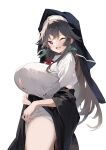  1girl ;d absurdres alternate_costume black_hair breasts cleavage_cutout clothing_cutout commentary_request from_side habit highres huge_breasts long_hair looking_at_viewer nun one_eye_closed red_eyes reiuji_utsuho shirt short_sleeves simple_background smile solo tetsurou_(fe+) thighs third_eye touhou variant_set white_background white_shirt 