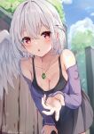  1girl black_skirt blush breasts cleavage collarbone cowboy_shot grey_hair hair_between_eyes highres jewelry kishin_sagume large_breasts necklace niko_kusa open_mouth pleated_skirt purple_shirt red_eyes shirt short_hair single_wing skirt solo touhou white_wings wings 