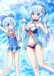  2girls alternate_hair_length alternate_hairstyle bikini blue_bikini blue_bow blue_dress blue_eyes blue_sky bow breasts cirno cleavage cloud commentary_request detached_wings dress feet_out_of_frame hair_bow hair_ornament highres ice ice_wings medium_breasts multiple_girls navel outdoors sky swimsuit touhou wings yurume_atsushi 