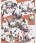  absol animal_focus ball beachball claws commentary_request crack egg heart highres horns jumping mane multiple_views musical_note no_humans open_mouth pokemon pokemon_(creature) pokemon_egg red_background red_eyes reo_(mmocc123) single_horn sitting tail white_fur 