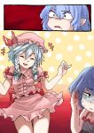  +++ 2girls averting_eyes blue_hair bow braid center_frills closed_eyes cosplay d: disgust frilled_shirt_collar frilled_skirt frilled_sleeves frills frown furrowed_brow green_bow grey_hair hair_between_eyes hair_bow hands_up happy hat hat_ribbon highres izayoi_sakuya mob_cap multiple_girls open_mouth pink_headwear pink_shirt pink_skirt polka_dot polka_dot_background red_bow red_ribbon remilia_scarlet remilia_scarlet_(cosplay) ribbon rightorisamraido3 shaded_face shirt short_hair short_sleeves skirt skirt_set sleepwear surprised sweat touhou twin_braids waist_bow wide-eyed yellow_background 