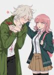  1boy 1girl animal_bag arm_up backpack bag bent_over black_pants black_thighhighs boleum_(dgrpluna) bow bowtie breasts brown_skirt cat_bag closed_eyes coat commentary cowboy_shot danganronpa_(series) danganronpa_2:_goodbye_despair flipped_hair flower galaga green_coat highres komaeda_nagito large_breasts messy_hair nanami_chiaki open_mouth own_hands_together pants petting pink_bag pink_bow pink_bowtie pink_eyes pink_hair pleated_skirt shirt short_hair simple_background skirt smile spaceship_hair_ornament symbol-only_commentary teeth thighhighs upper_teeth_only white_background white_hair white_shirt 