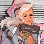  1boy barbie_mugshot_(meme) blonde_hair blush brown_eyes character_name dark-skinned_male dark_skin english_commentary highres lifeweaver_(overwatch) long_hair looking_at_viewer male_focus mechanical_arms meme mugshot one_eye_closed open_mouth overwatch overwatch_2 pectoral_cleavage pectorals single_mechanical_arm smile solo teeth upper_body upper_teeth_only westwheatwheat 