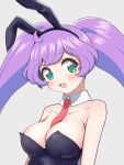  1girl animal_ears armpit_crease bare_shoulders blush breasts collarbone commentary cowlick detached_collar fake_animal_ears green_eyes grey_background highres large_breasts long_hair looking_at_viewer manaka_laala necktie open_mouth playboy_bunny pretty_(series) pripara purple_hair rabbit_ears red_necktie simple_background solo tatsuya_(tatuya031200) upper_body 
